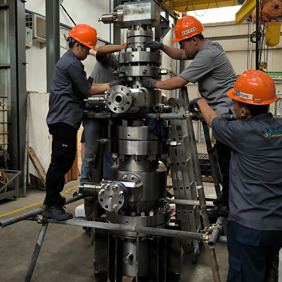 Teknisi merakit peralatan wellhead di workshop